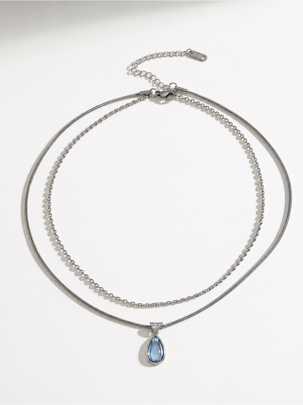 Stainless Steel Blue Teardrop Pendant Necklace | Layered Snake Chain